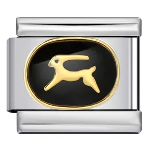 Detailed view of an Italian modular bracelet link with a golden hare on black enamel finish