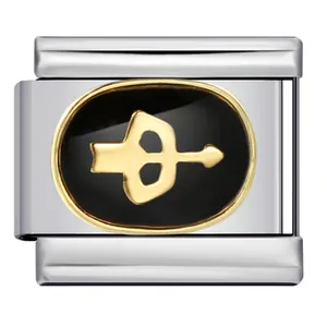 Macro view of stainless steel Sagittarius charm link with black enamel and gold bow.