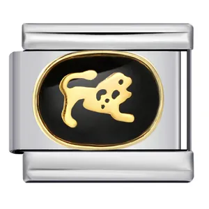 Detail of a stainless steel Italian charm with a golden Leo zodiac lion on black enamel.