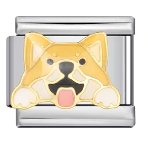 Detalle de un charm modular italiano de acero inoxidable con un lindo perro de esmalte.