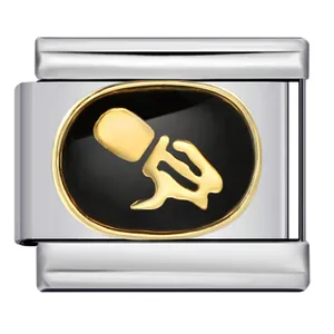 Detail of an Italian modular charm in stainless steel with a gold-plated black enamel design.