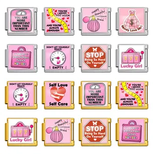 Maillon de Charm Italien en Acier Inoxydable Rose Citation de Motivation Self Love Maillon de Bracelet Carré DIY Bijoux Pour Femmes