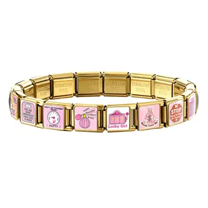 Bracelet italien en acier inoxydable doré avec charms roses et messages motivants