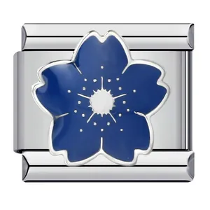 Detailed view of a blue enamel flower charm module for Italian style link bracelets