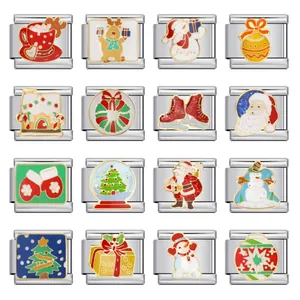 Serie de Navidad de Acero Inoxidable Enlaces de Italian Charm para Pulsera Elástica Modular DIY Accesorios de Joyería de Esmalte para Regalo de Mujer