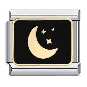 Macro detail of moon and stars stainless steel Italian charm link for DIY bracelet.