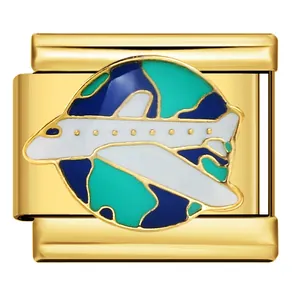 Gold stainless steel Italian charm link with airplane and globe enamel travel design