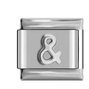 Macro detail of silver stainless steel Italian charm with raised ampersand symbol