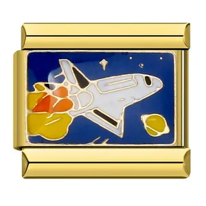 Gold stainless steel Italian modular charm with blue enamel space shuttle design