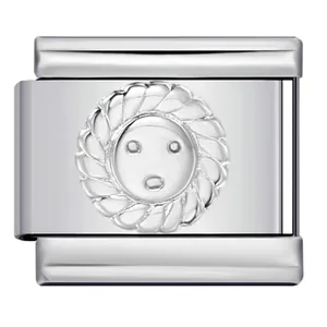 Close-up detail of a silver-tone stainless steel Italian modular charm link component
