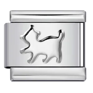 Detailed macro view of a silver Italian charm link with a raised cat silhouette design