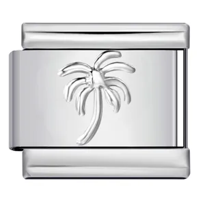Detailed close-up of a silver stainless steel Italian charm link with embossed palm tree