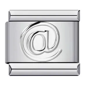 High-polished silver stainless steel Italian charm link with embossed at-symbol