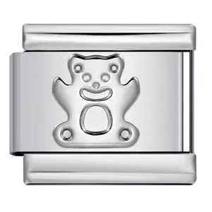 Premium silver stainless steel Italian modular charm link with embossed bear motif