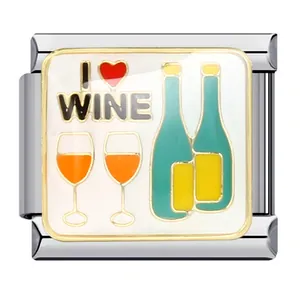 Maillon de charme italien émaillé Premium I Love Wine en acier pour bracelets DIY