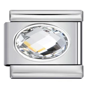 Macro view of high-quality stainless steel Italian modular charm with large oval clear stone
