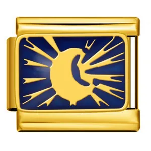 Detailed close-up view of a golden Italian charm module featuring a blue moon pattern