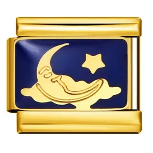 Detailed view of a gold Italian charm featuring a blue enamel star and moon design.