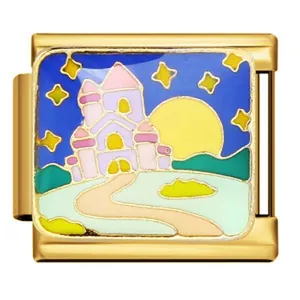 Detail view of a golden stainless steel Italian charm with a colorful enamel castle pattern.