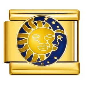Detail showing the gold sun and moon enamel design for an Italian modular bracelet link