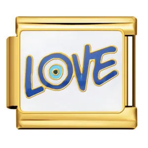 Detailed view of a gold-toned Italian charm link featuring LOVE text and a blue evil eye symbol