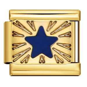 Detailed macro view of a gold titanium modular bracelet link with blue star design