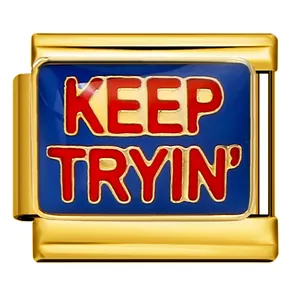 Gouden modulaire armband link met blauw emaille en rode "KEEP TRYIN'" motivatietekst