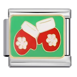 Detalle del charm de mitones navideños para pulsera modular italiana de acero