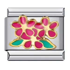 Close-up of Italian modular stainless steel bracelet link with pink enamel flowers