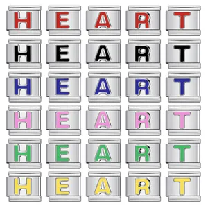 Colorful alphabet modular stainless steel bracelet links spelling HEART in six vibrant colors.