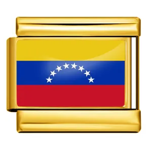 Macro view of gold stainless steel Italian charm link featuring Venezuela flag design