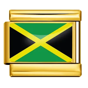 Gold-plated stainless steel Italian charm link featuring the Jamaica flag design.