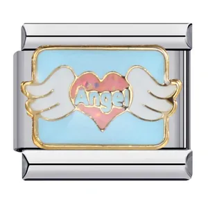 Detail von italienischem Charm-Link mit rosa Herz, weißen Flügeln und Angel-Schrift