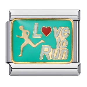 Macro view of green enamel Italian modular charm with runner and Love to Run text