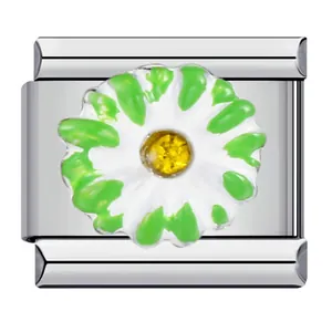 Eslabón de charm italiano de acero inoxidable con diseño de flor de esmalte verde