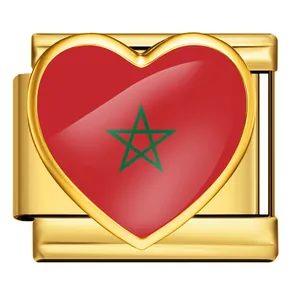 Detailed view of a gold Italian charm link featuring a heart-shaped Morocco flag design.