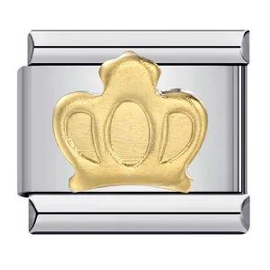 Emblema corona dorata su charm modulare italiano in acciaio inox per bracciale