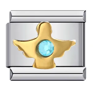 Charm modulare italiano con angelo dorato e cristallo blu in acciaio inossidabile