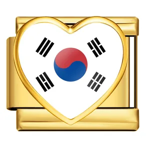 Detailed view of a gold-plated heart charm with South Korean flag for DIY bracelets.