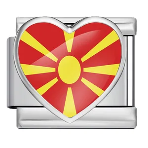 High-quality stainless steel Italian charm link with heart-shaped North Macedonia flag design