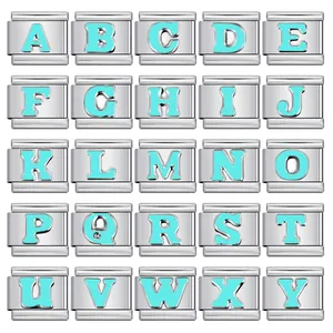 Sky Blue Enamel English Initial Letter Charm Italian Modular Bracelet Link DIY Stainless Steel Alphabet Bracelet Accessories