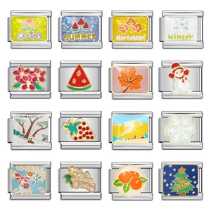 Maillon de Bracelet Italian Charm en Acier Inoxydable Émaillé Motifs Saisonniers Fleur Soleil Bonhomme de Neige Accessoires Bijoux DIY Femme