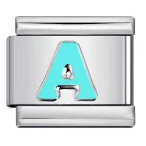 Detail of a polished stainless steel Italian charm link with a light blue letter A