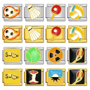 Dije Modular Italiano de Acero Inoxidable Link DIY para Pulsera Deporte Pelota Tenis Bádminton Fútbol Sonrisa Joyería de Esmalte Unisex