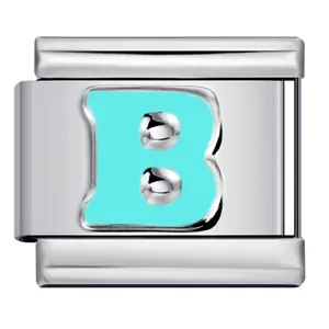Detailed view of Italian charm link featuring sky blue enamel letter B in stainless steel