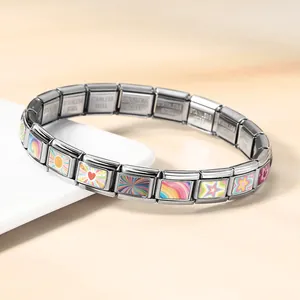 Detailed macro view of Italian modular charm bracelet with colorful vibrant patterns