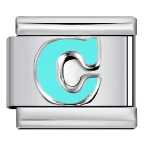 Detailed view of sky blue enamel letter C charm for Italian modular bracelet link
