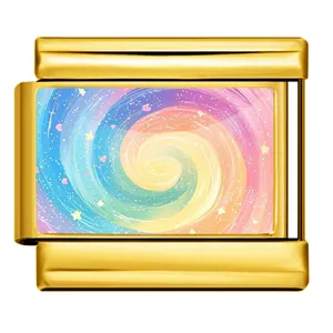 Macro detail of Italian modular bracelet link with colorful galaxy swirl pattern