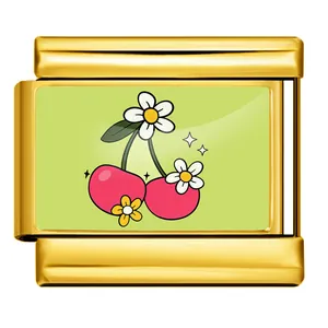 Detail view of a gold-plated Italian charm link with pink cherries and daisy pattern