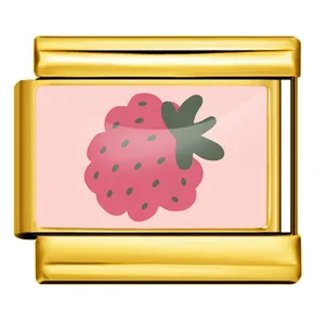 Close-up of a golden stainless steel Italian modular charm with a pink raspberry design